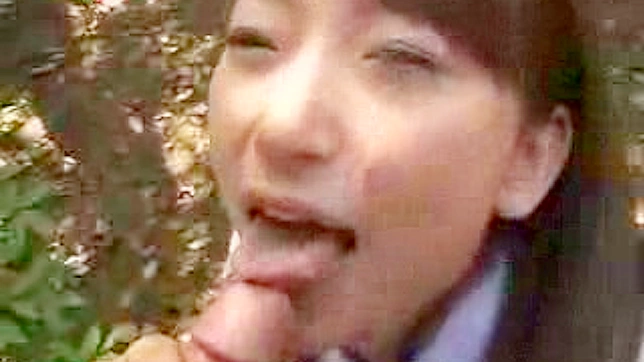 Vulgar japanese babe is giving blowjob on her knees
