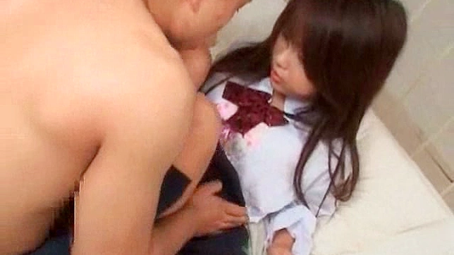 Stud pounds hairy Japanese pussy doggystyle in bed making her mourn in pleasure