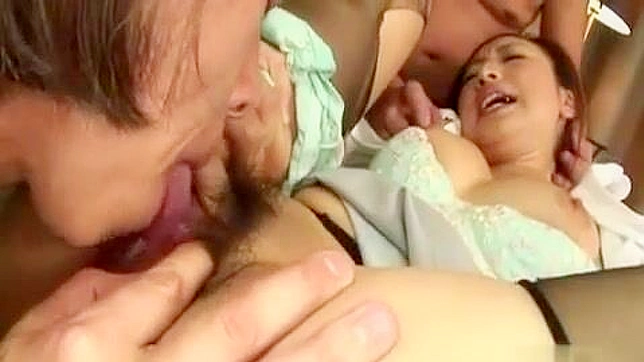 UNCENSORED JAV Cunt Ganged by Two Mature Men