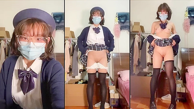 Glasses Chinese girl in black stockings masturbates and squeezes white sauce from cunt