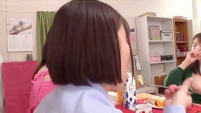 Japanese Student Plays with Tits and Cream During Tea Party at Dorm, FFFM, Softcore