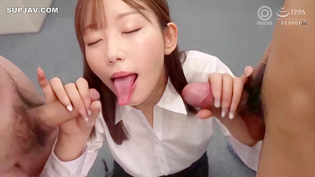Japanese Secretary Mai Nanashima Sucks the Boss's and His partner's Cock, BJ, MMF