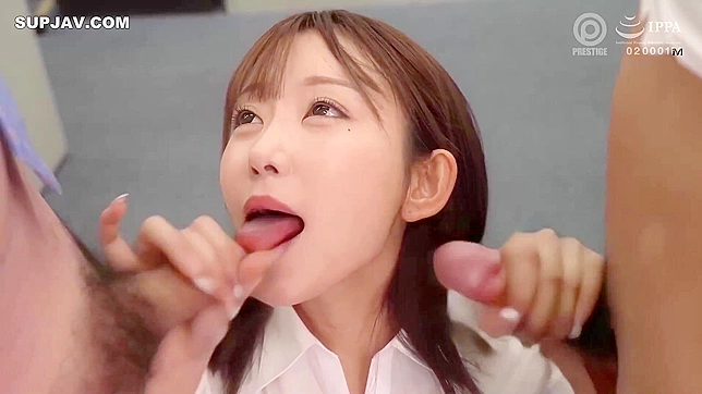 Japanese Secretary Mai Nanashima Sucks the Boss's and His partner's Cock, BJ, MMF